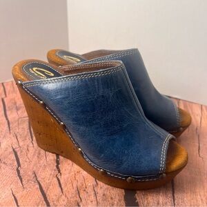 Sbicca Blue Leather Wedge Mules Women’s 7.5
